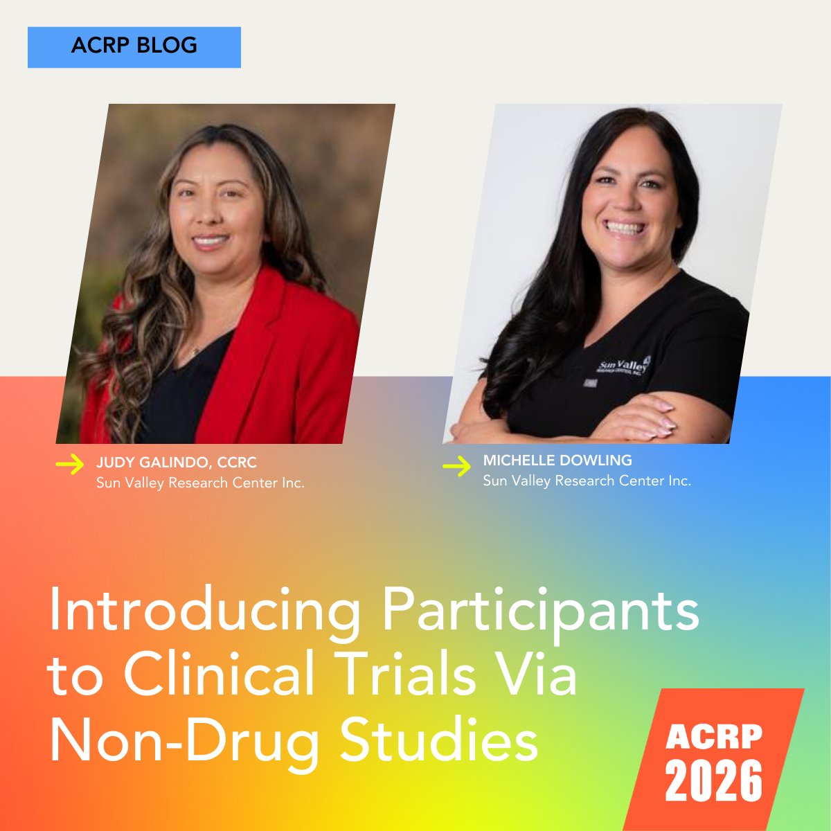 ACRPDC's tweet image. Judy Galindo &amp;amp; Michelle Dowling (@SunValleyRC) explain that offering memory screenings, sample studies, and other low-complexity options helps introduce clinical research in communities that haven’t been approached before.

Read more: bit.ly/44HcLGT
#ACRP2026 #NextisNow