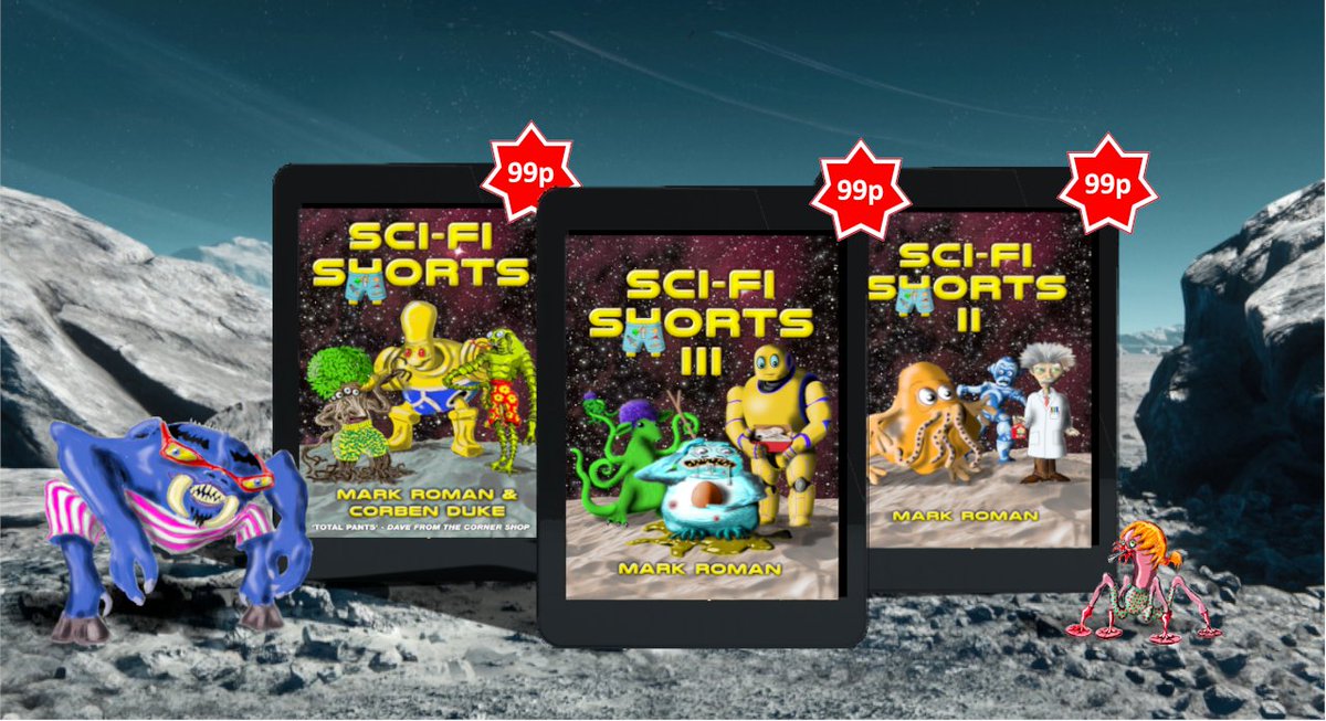 Last few hours for the 99p/99c deal on all three Sci-Fi Shorts books.

Perfect for fans of quirky, offbeat reads about inept humans, preposterous aliens, and barmy robots.

Amazon: amazon.com/dp/B0CMDGQ419
Others: roman-and-duke.wixsite.com/home