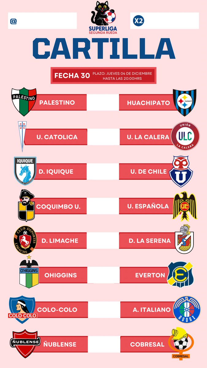 Ultima Cartilla de nuestra primera Superliga (segunda rueda 🇨🇱)

Gracias a todos los que participaron, y les deseamos exito en sus ultimos partidos ⚽️