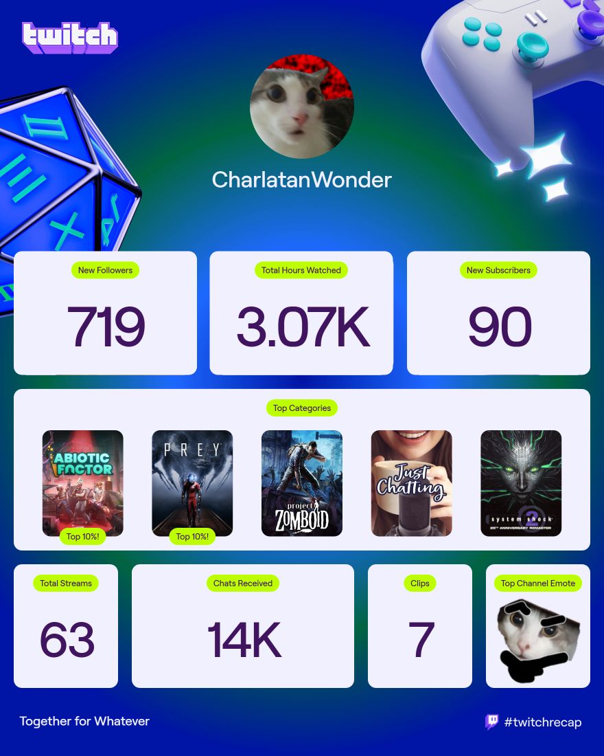 I think I did pretty good for my first year of really streaming. I'll probably do more of it next year and maybe even be consistent about it!