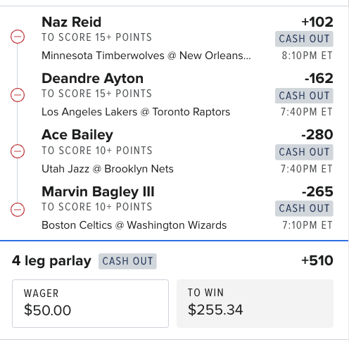 Project_Parlay_'s tweet photo. Top Points Parlay 🔥 (Dec 4th NBA)

Naz Reid 15+ Points (+102)
Deandre Ayton 15+ Points (-162)
Ace Bailey 10+ Points (-280)
Marvin Bagley III 10+ Points (-265)

4-Leg Parlay: +510 🚀
 Wager: $50
 To Win: $255.34

#NBA #NBAPicks #CheatSheetParlay #ProjectParlay #ColesAlgoPicks https://t.co/4vOGn50d4K