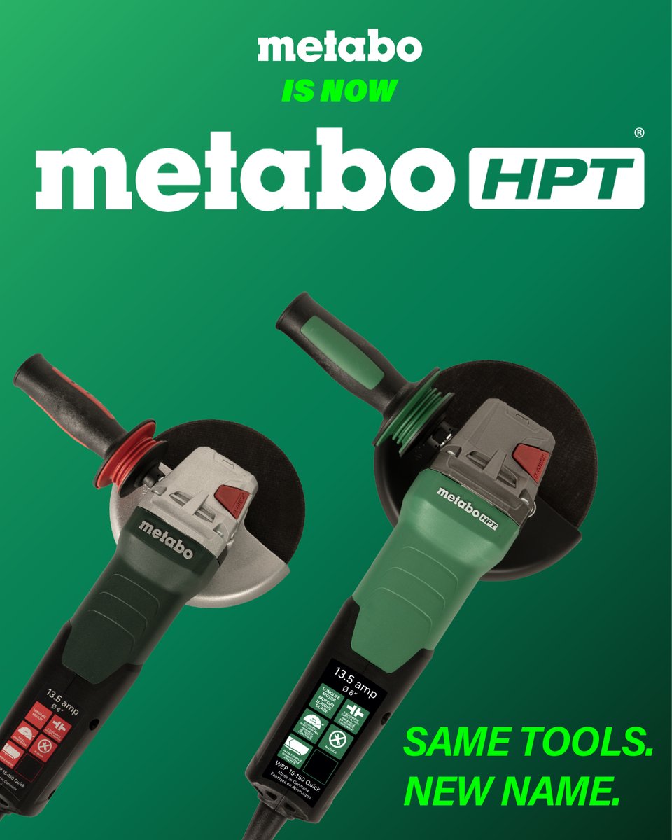 Your tools stay the same. The name becomes one.

Metabo is now Metabo HPT in North America, with the same performance, service, and warranty you trust.

Keep building with confidence.

Visit brnw.ch/21wY58Y for more information