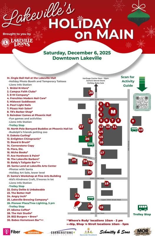 Your full guide for Lakeville's Holiday On Main! This event is happening this Saturday, December 6. Thank you by Lakeville Lions and all the participating businesses!