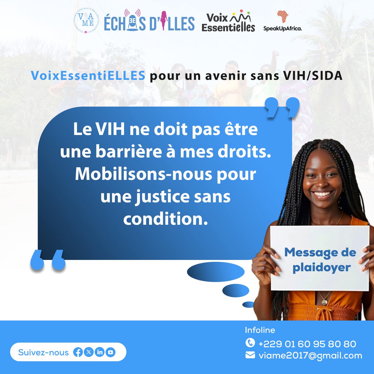 La barrière, ce ne sont pas les personnes vivant avec le VIH.
Ce sont les préjugés.

✨ Justice = sans condition
✨ Dignité = sans exception
✨ Droits humains = sans barrière

💛 Mobilisons-nous pour une société plus juste.

#VoixEssentiELLES #StopStigmatisationVIH #VIH