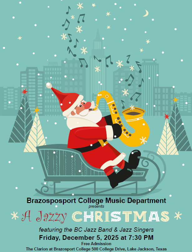 TheClarionatBC's tweet photo. 🎄 Brazosport College Music Department #Christmas Concert 
Join us tomorrow, December 5, at 7:30 PM for a festive evening featuring the College Jazz Band and Jazz Singers!
This is a free concert — no tickets required. https://t.co/WlenKQ7jRW
