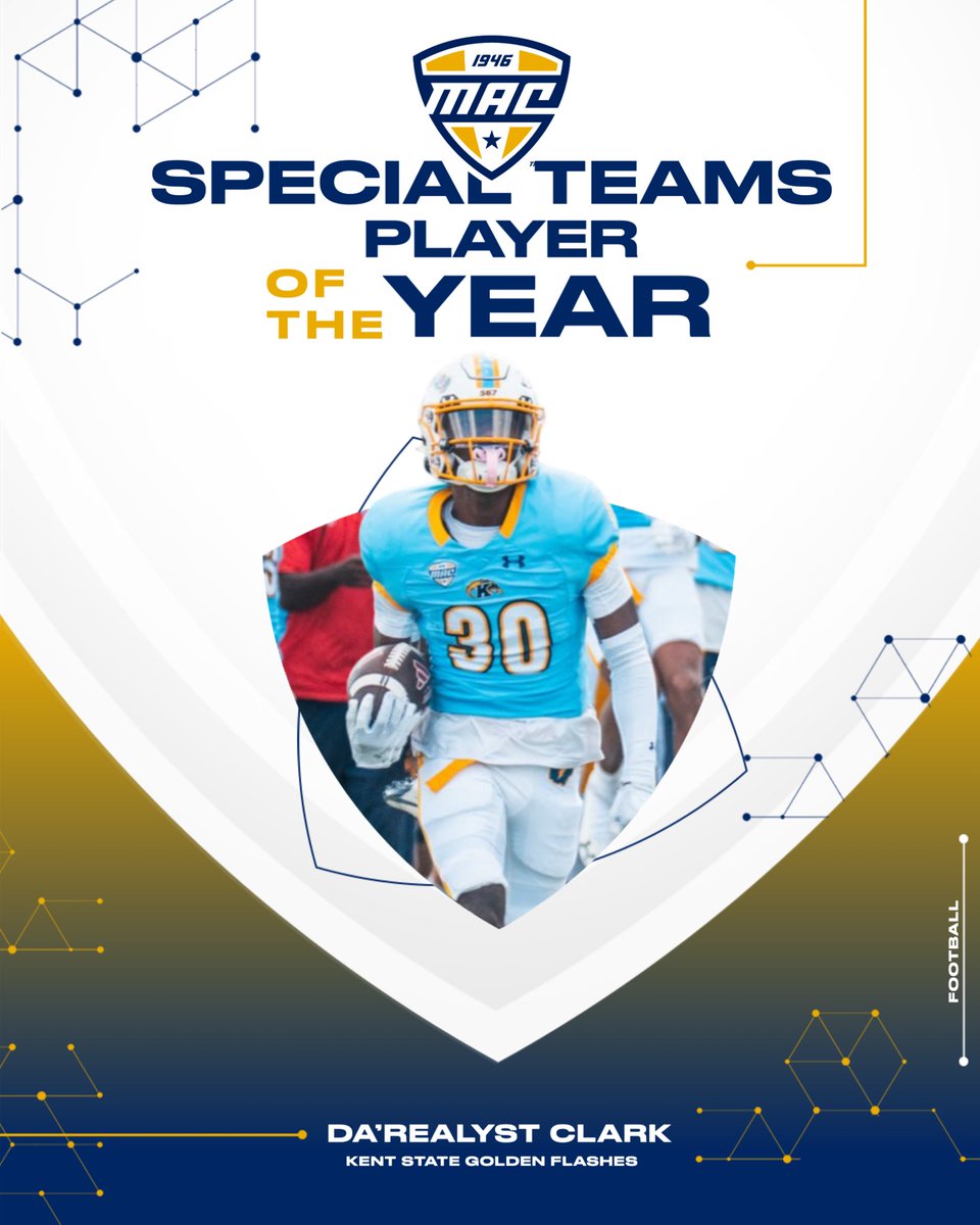 MACSports's tweet image. 🏆 Special Teams Player of the Year 🏆

@Darealystclark8 is the 2025 MAC Football Special Teams Player of the Year! 

@KentStFootball | #MACtion