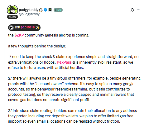 Datweb3guy's tweet image. zkPass tge is near, and @pudgyteddy shared thoughts on the community genesis airdrop making the intent easier to read 

the priority stays clear... keep the claim experience clean and simple without layers added for the sake of optics

we all know @zkPass already handles sybil…