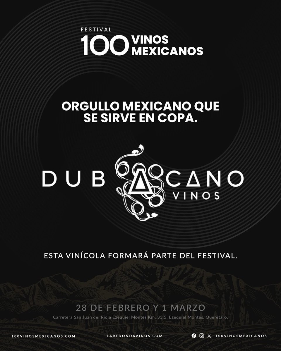 Orgullo mexicano que se sirve en copa! 🇲🇽
Nos llena de emoción confirmar que <a href="/VinosDubacano/">Vinos Dubacano</a> formará parte del gran Festival 100 Vinos Mexicanos.
 Marca tu calendario: 28 de febrero y 1 de marzo en Viñedos La Redonda🍇🍷. 
¡Te esperamos para brindar! 🙌
Adquiere tus boletos en: