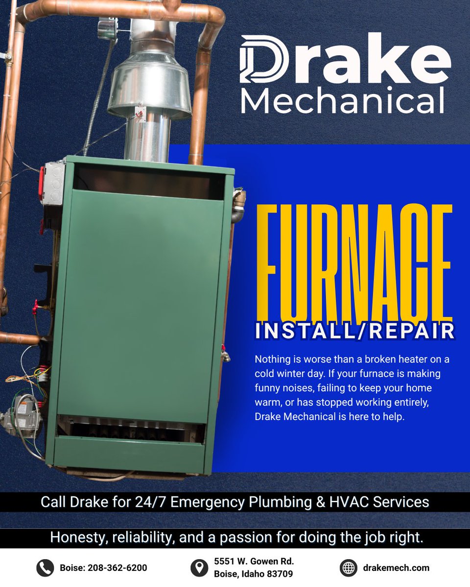 DrakeMechanical's tweet image. Need to replace a furnace filter? Or is your furnace struggling to heat up your home? Give Drake a call!

Contact Drake Mechanical for all your HVAC and Plumbing needs.

hubs.ly/Q03WNk_Y0

Call us at: 208-362-6200

#HVACtech #HVACmaintenance #heating #airconditioning
