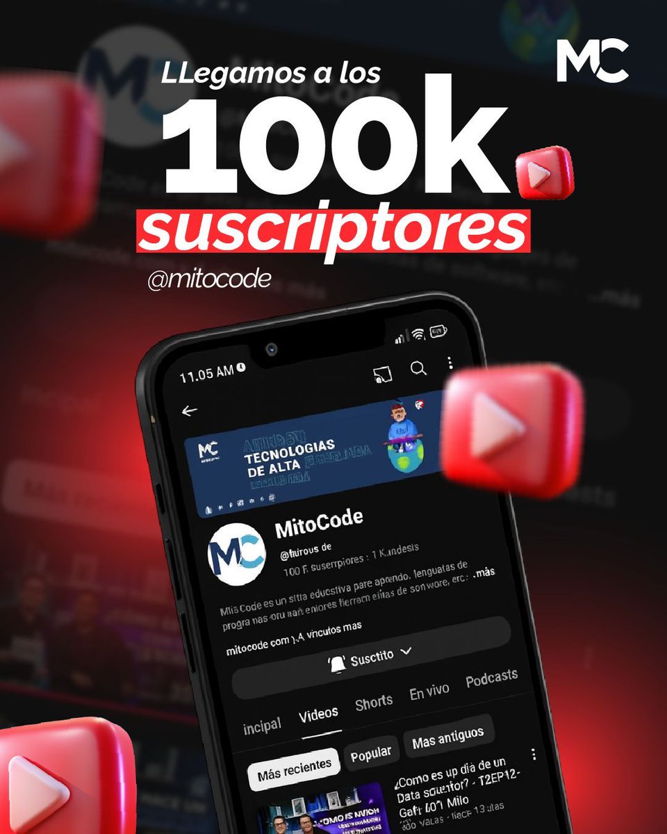 mitocode's tweet image. 🎉 ¡Llegamos a los 100K suscriptores en YouTube! 🎉

Gracias por acompañarnos en cada tutorial, transmisión en vivo, podcast, cada momento de crecimiento 🫶🏼. La comunidad sigue creciendo 🚀✨
Si aún no te unes, búscanos como Mitocode en YouTube ▶️
.
#mitocode #programacion #yt