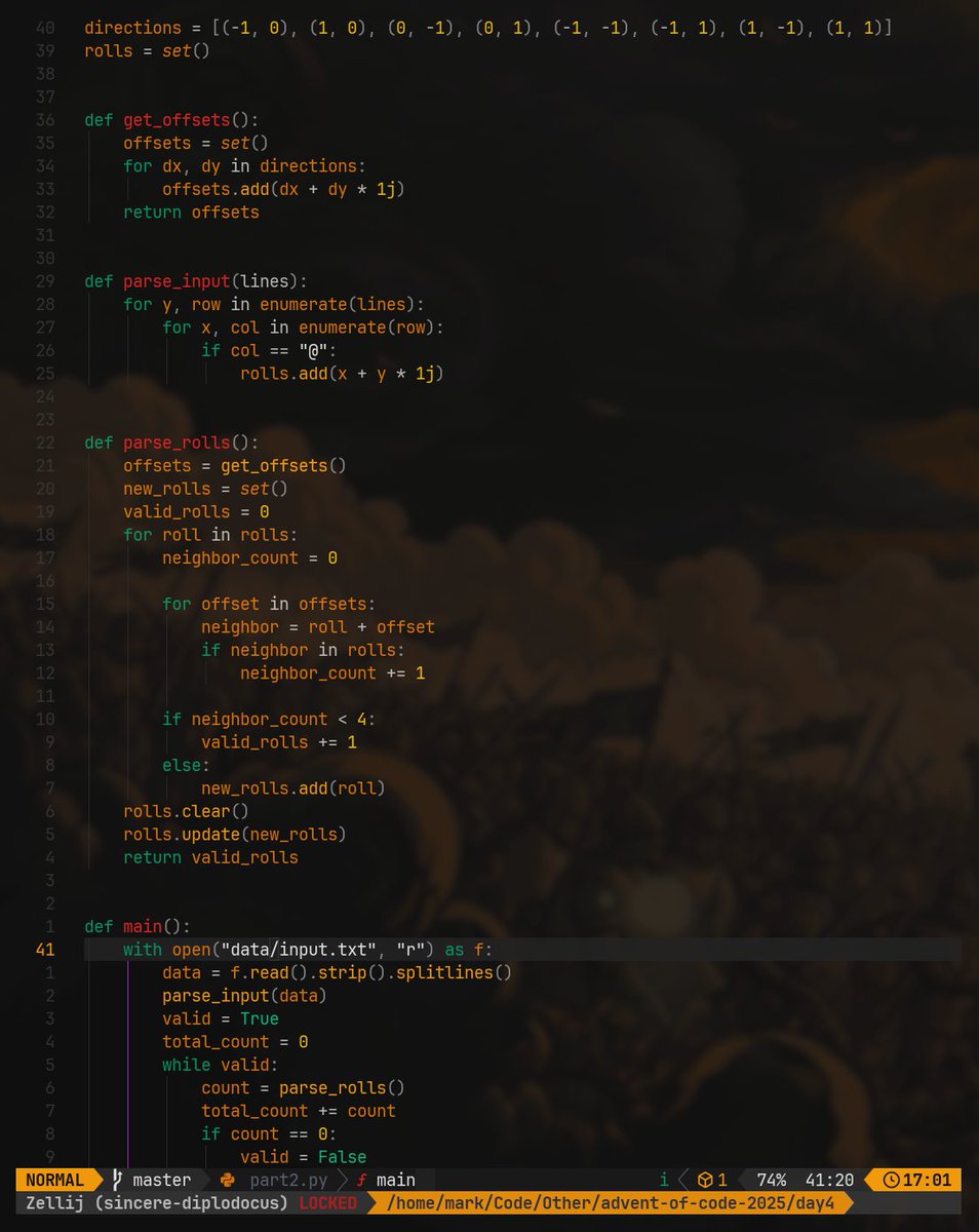 I completed "Printing Department" on Day 4  adventofcode.com/2025/day/4 #AdventOfCode 

Last year on day 6 I learned about complex number math. Today that was super useful. Easy peasy!!
 adventofcode.com/2024/day/6