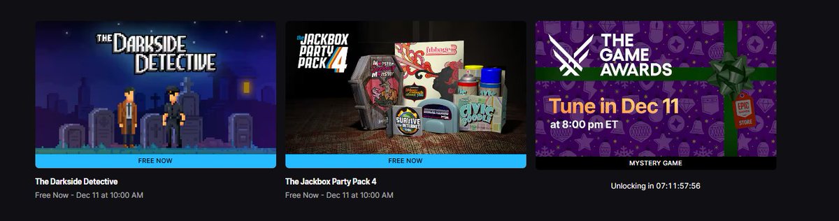 Wario64's tweet image. The Darkside Detective &amp;amp; The Jackbox Party Pack 4 is free on Epic Games Store. The next freebie will be announced at The Game Awards on Dec 11th buff.ly/aadJJDg