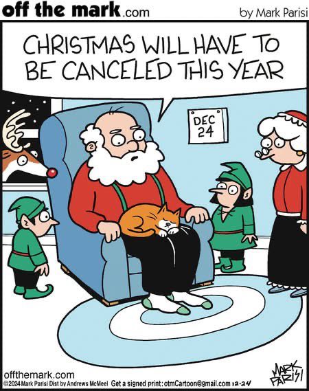 The elves, Rudolph and Mrs Claus look like they may be hatching a plan to get the cat off of Santa’s lap to save Christmas