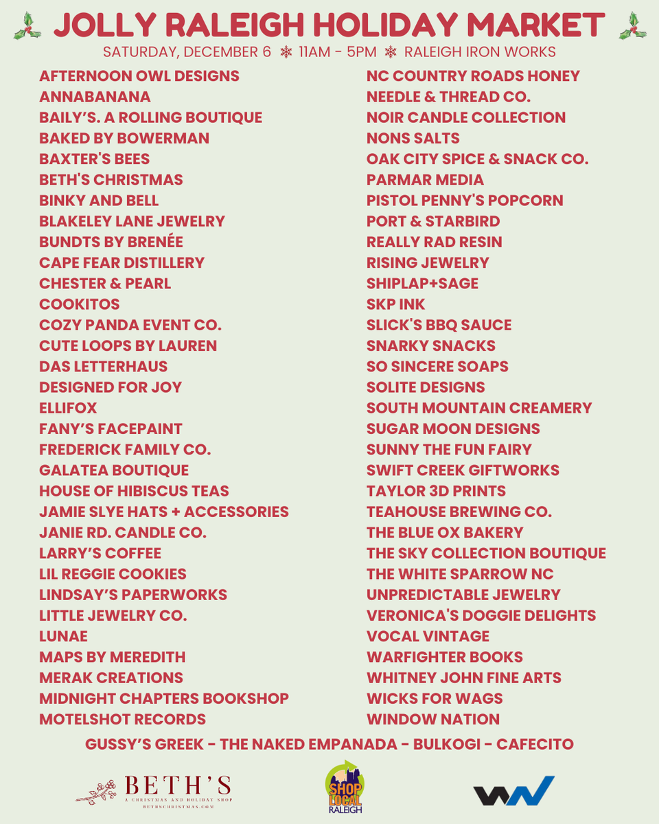 ShopLocRaleigh's tweet photo. The Jolly Raleigh Holiday Market is THIS Saturday at Iron Works!🎁 Celebrate the season with:

🛍️ 60+ local vendors
⛄ Holiday kids activities
🎂 Sweet treats + festive drinks
🎅 Photo ops with Santa Claus
❄️ And more holiday fun!

📆 Dec. 6⁠
⌚ 11am-5pm
📍Raleigh Iron Works https://t.co/zITolt6Pjm