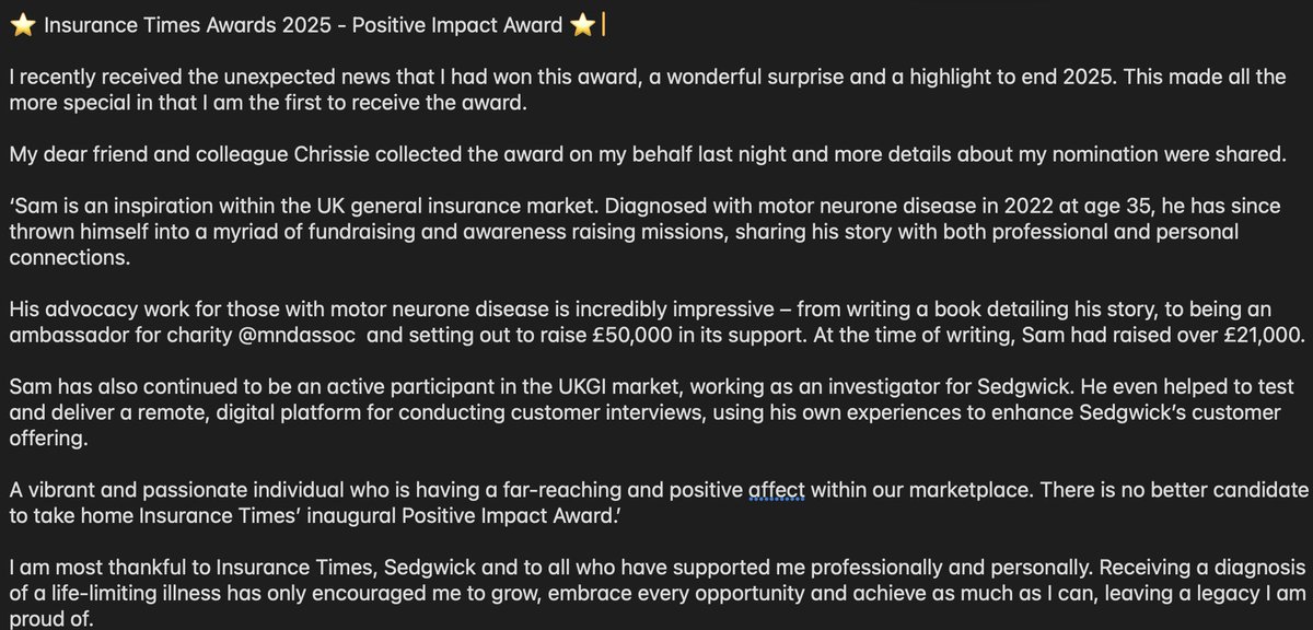 SJHH32's tweet image. ⭐️ Insurance Times Awards 2025 - Positive Impact Award ⭐️ 

#motorneuronedisease #disability #samandthebucketlist #ITAwards 
#ITA25 #UKGI