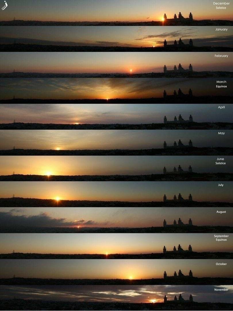 Photos of sunrise taken every month from the same location throughout the year