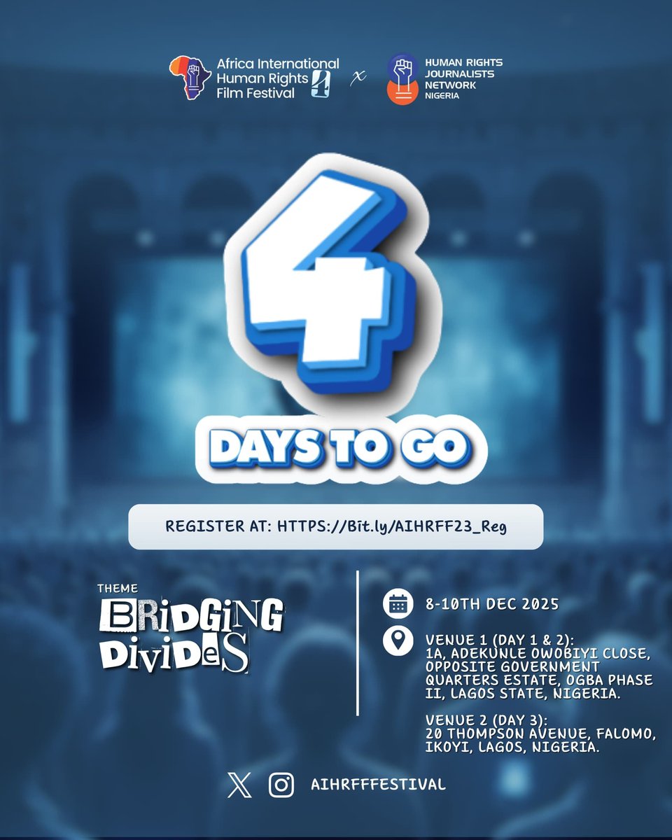 Just 4 days away! 🚀
Africa’s biggest human rights film experience is almost here. Are you ready?
#AIHRFF2025
#BridgingDivides
#FilmForJustice 
#AfricaHumanRightsFestival
#VoiceInFilm