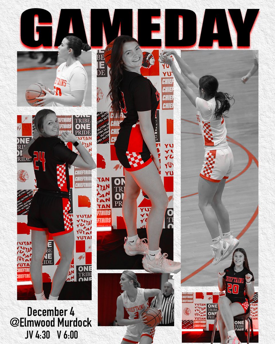 SEASON OPENER for the Lady Chieftains!🏀 
🆚 Elmwood Murdock
📍 Murdock, NE
📺 Live on Hudl
🕟 JV 4:30 | Var. 6:00
🎨 Graphic created by Jersey Siske