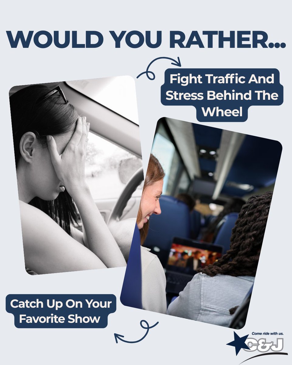 CJBUSLINES's tweet image. What would you choose?

‼️The choice is easy. Relax, enjoy the ride, and let us help you make the most of your travels (and catch up on your favorite show).

Skip the chaos. Skip the Stress. Arrive on time. That’s the C&amp;amp;J difference.

#RideCJ #WouldYouRather #EasyChoice
