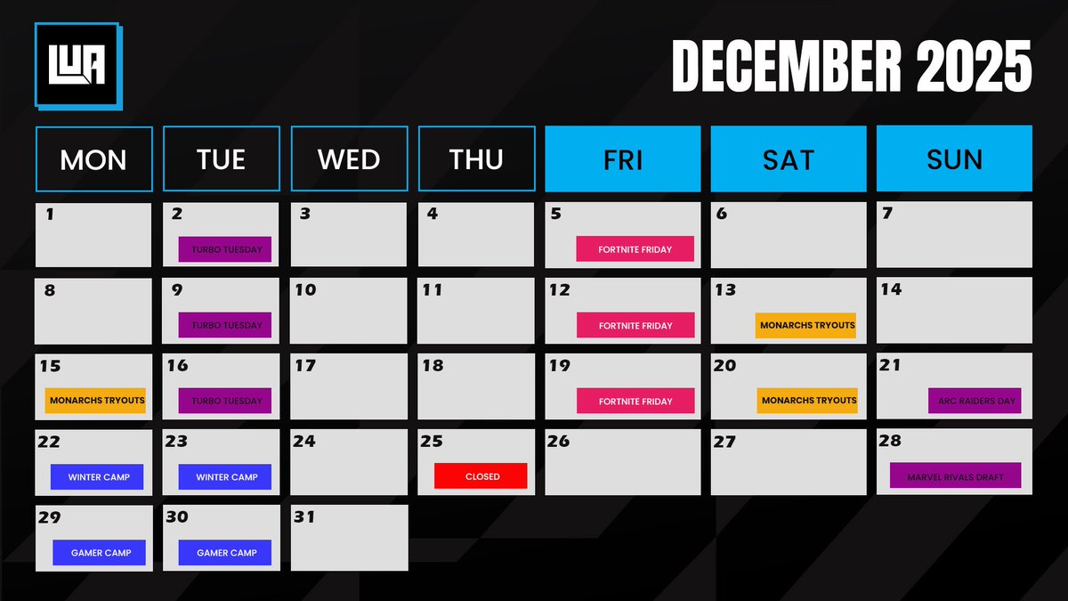 gameatlua's tweet image. December at LUA is loaded with action. 🎮❄️
The calendar is stacked and spots fill fast, so now is the perfect time to lock in your plans.
Check out everything happening this month and grab your sign-ups at LUA.gg💙🔥