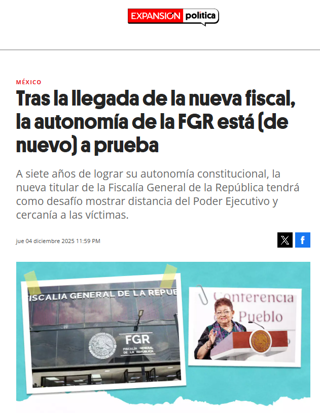 #FGR 

“Hubo un retroceso muy grande en la Fiscalía. No era absolutamente para nada autónoma y ahora yo creo que teníamos una oportunidad para recuperar a la Fiscalía para que fuera cercana a las víctimas”, agrega Marisol Méndez, coordinadora de Incidencia en la Fundación para la