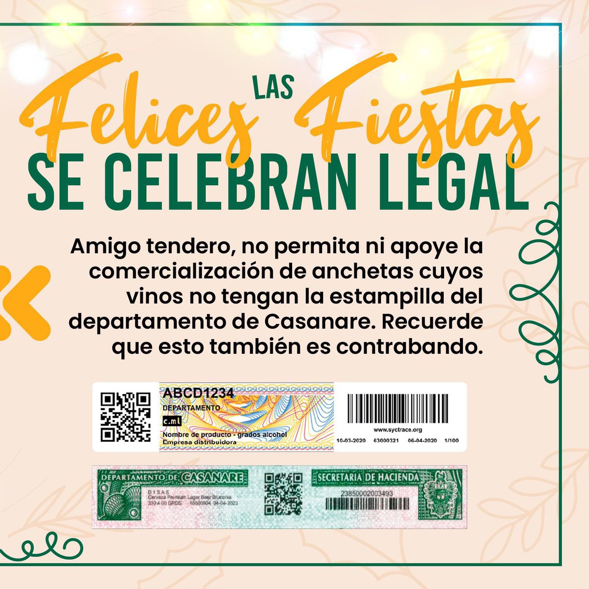 En esta temporada de diciembre, verifique siempre las estampillas de legalidad si va a incluir licor en sus anchetas navideñas.

Proteja su salud y apoye la lucha contra el contrabando. 🎄
<a href="/FNDCol/">FND - Federación Nacional de Departamentos</a>