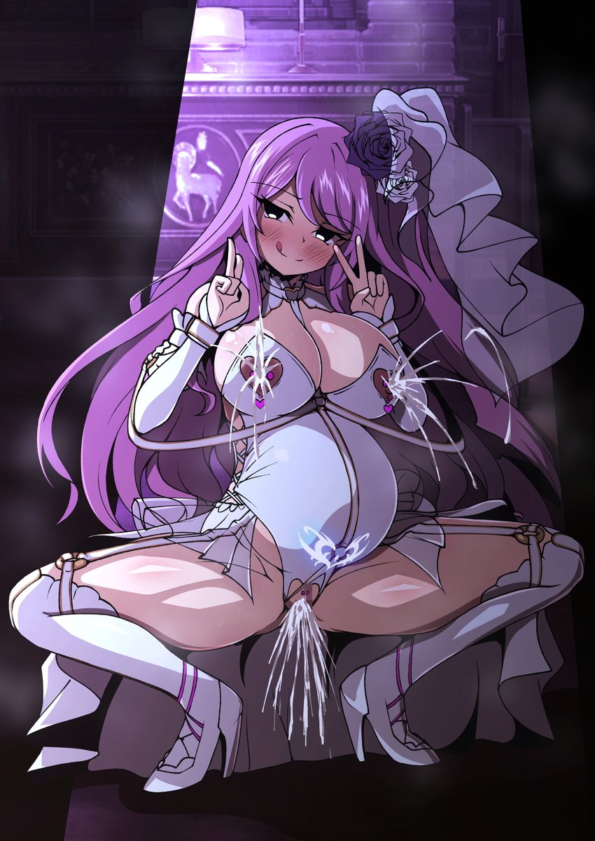 pixivリクエスト:らくがきプラン  その669
内容「臨月ボテ腹状態でガニ股ポーズを取り、母乳を吹きながら快楽に堕ち切った表情を浮かべるエスカ・アメイズ、といった感じのイラストをお願いします」 