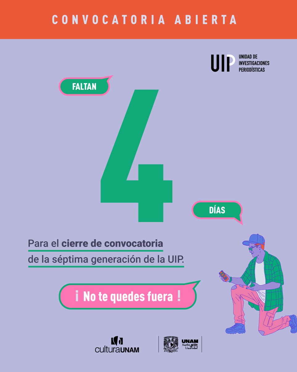 Ya estamos a 4 días del cierre de la convocatoria para ser parte de la 7ma generación de la UIP. 
📌 Formación práctica
📌 Talleres 
📌 Apoyo mensual.
 Si eres estudiante de la <a href="/UNAM_MX/">UNAM</a> consulta la convocatoria👇🏽corrientealterna.unam.mx