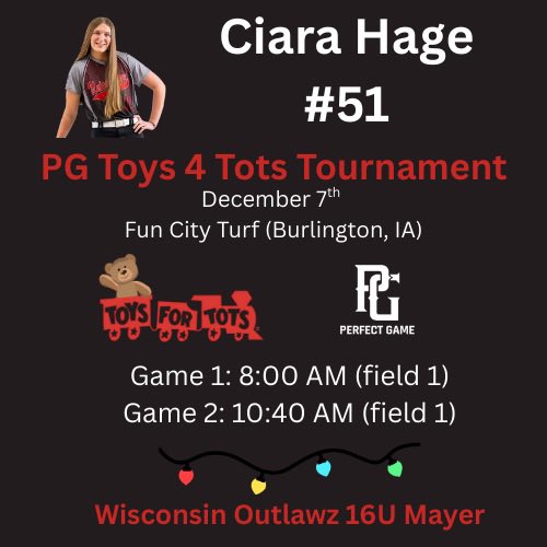 (2028, RHP/CI) 
Softball + Great Cause 🎉
I’m super excited to be playing in the PG Toys 4 Tots Fundraiser Tournament this weekend in Burlington, IA.  Hope to see you there!
<a href="/TH_softball09/">Wisconsin Outlawz 16u-Mayer</a> <a href="/Wisoutlawz/">Wisconsin Outlawz Fastpitch</a> <a href="/PerfectGameUSA/">Perfect Game USA</a> <a href="/PG_Scouting/">Perfect Game Scout</a> <a href="/SBRRetweets/">Softball Recruiting Reposts</a> <a href="/CoastRecruits/">Coast 2 Coast Recruits</a> <a href="/ExtraInningSB/">EXTRA INNING SOFTBALL</a>