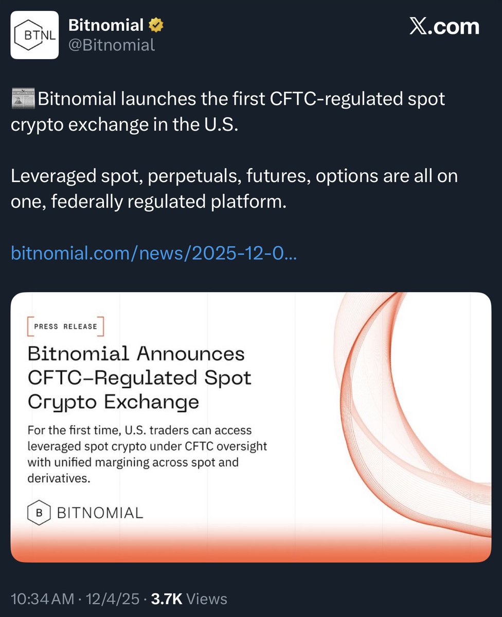 Bitnomial launches the first spot crypto exchange regulated by the CFTC. 🔥  Funding led by Ripple✓