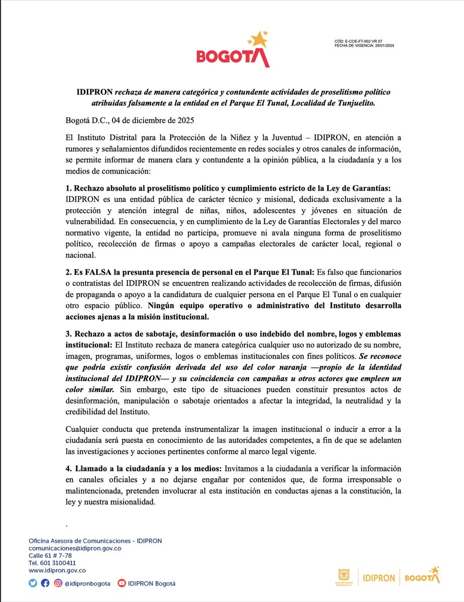 IDIPRON rechaza de manera categórica los falsos señalamientos sobre presunto proselitismo político en el Parque El Tunal. La entidad cumple estrictamente la Ley de Garantías y recuerda que cualquier uso indebido de su nombre o imagen será puesto en conocimiento de las autoridades