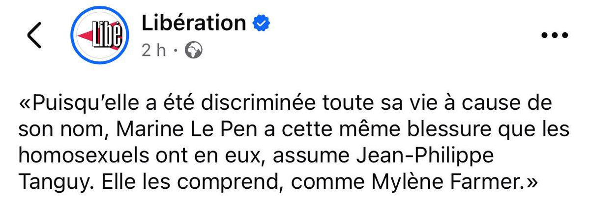 Être LGBTQIA+ est une fierté. 

Porter le nom et les idées de Jean Marie Le Pen est une ignominie. 

Ce pitre démontre une nouvelle fois, avec cette comparaison honteuse, que le RN est l’ennemi de toutes les personnes qui souffrent de discrimination. 

À bas l’homonationalisme.