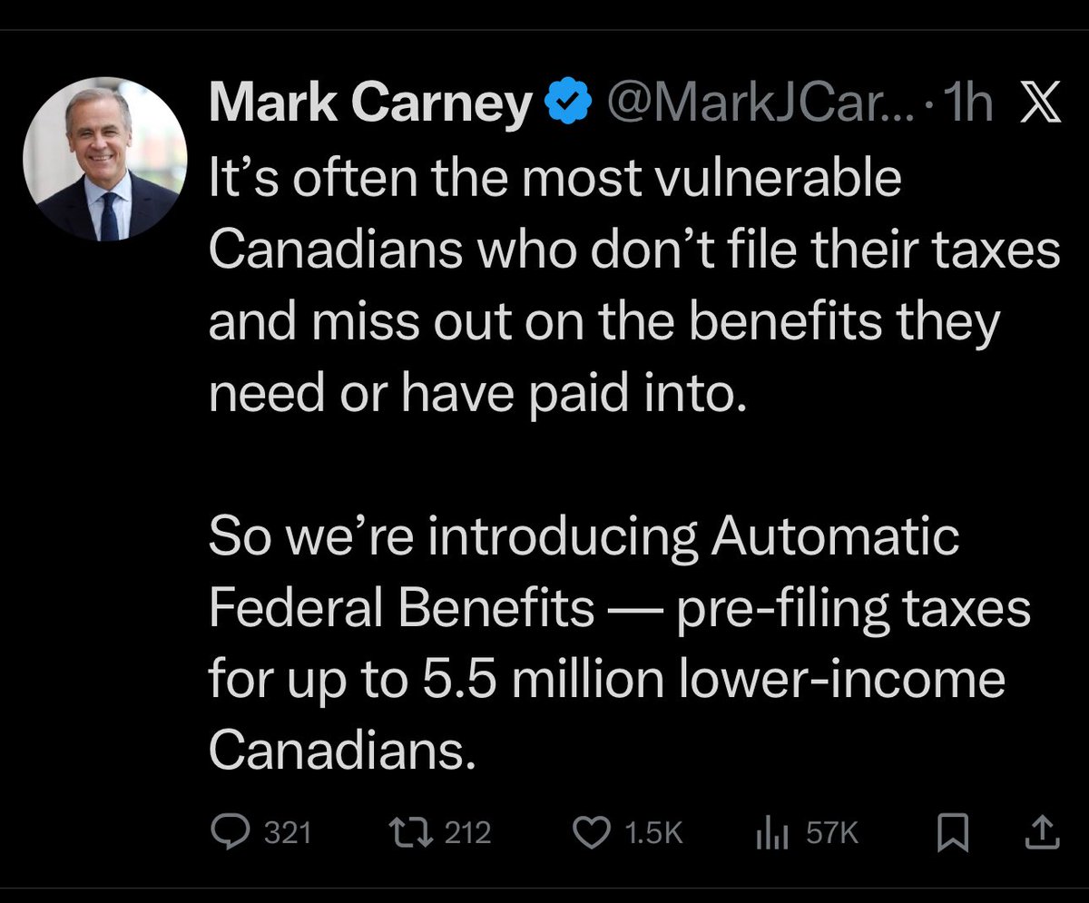 Here’s some BS for the morning from Carney, But Carney here’s the truth. Canadians who need benefits every year DO their taxes every year because they need the benefits to survive. You’re just spouting BS to deflect from your incompetence.