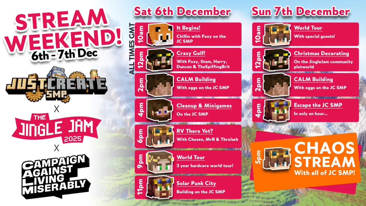 It’s nearly Just Create + Jingle Jam stream weekend!  (All times in GMT) See you all there!
#minecraft #JingleJam2025 #CALM