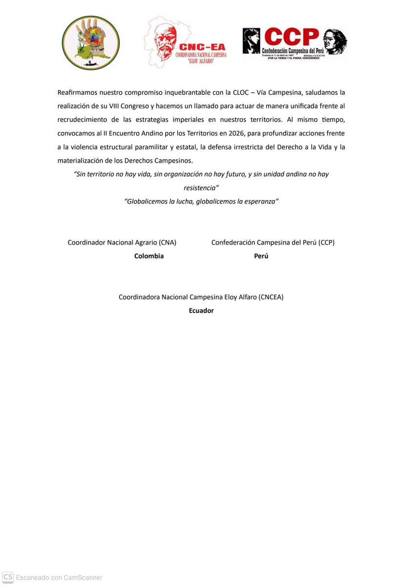 Desde Terranueva seguimos comprometidos con la defensa de los derechos campesinos, sus territorios y el fortalecimiento de la organización social en el campo y las ciudades.

Compartimos la declaratoria Andina por la Tierra y Derechos Campesinos / Vía <a href="/CNC_ELOY_ALFARO/">Cnc_Eloy_Alfaro</a>