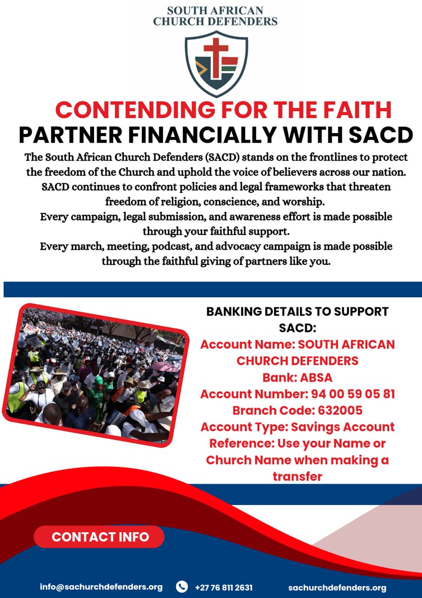 ⚖️ STAND WITH SACD IN THE COURTROOM — SUPPORT THE LEGAL CASE

The South African Church Defenders (SACD) has taken a bold legal step to defend the Church against the CRL Rights Commission’s attempts to license pastors, regulate churches, and control Christian worship in South