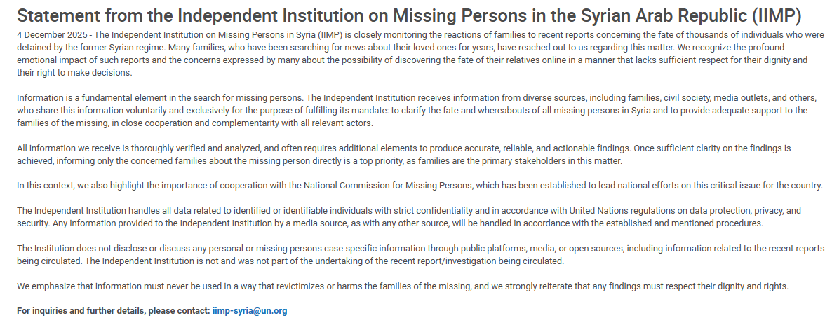 Statement from the Independent Institution on Missing Persons in the Syrian Arab Republic <a href="/IIMPSyria/">المؤسسة المستقلة المعنية بالمفقودين في سوريا</a> about recent reports🔗 iimp.un.org/en/statement-i…