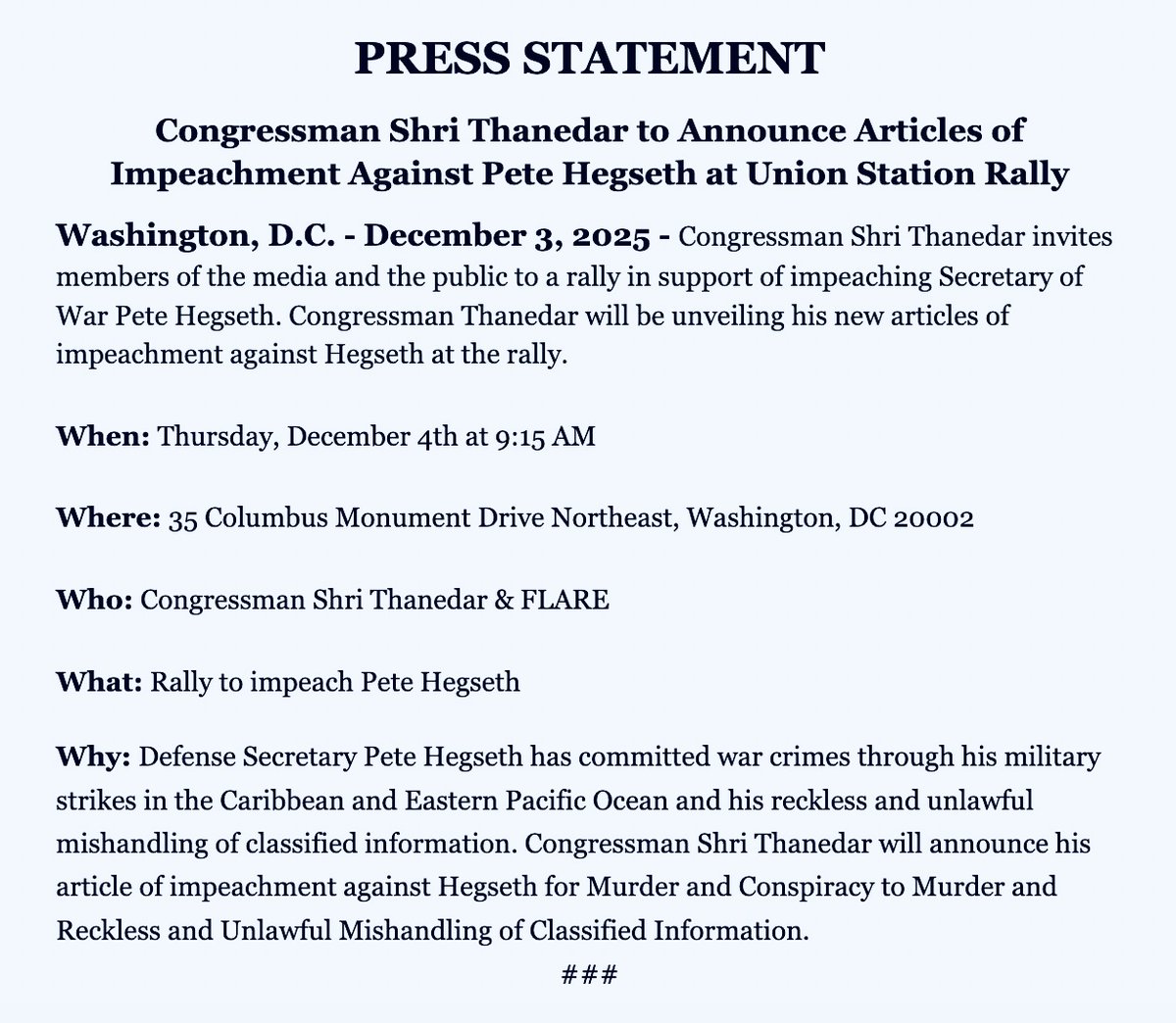 MediaBusters6's tweet image. 🚨Breaking
Rep. Shri Thanedar introduces articles of impeachment against Hegseth citing allegations tied to #SignalGate  
&amp;amp; murder of 2 Venezuelans
He is accusing Hegseth of murder, conspiracy to murder, &amp;amp; reckless mishandling of classified information
npr.org/2025/12/03/nx-…
