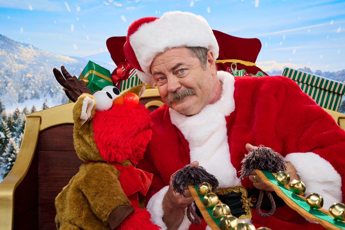 elmo's tweet image. Elmo’s little nose is glowing just for Santa Nick! Elmo loves you, @Nick_Offerman!💫🦌❤️