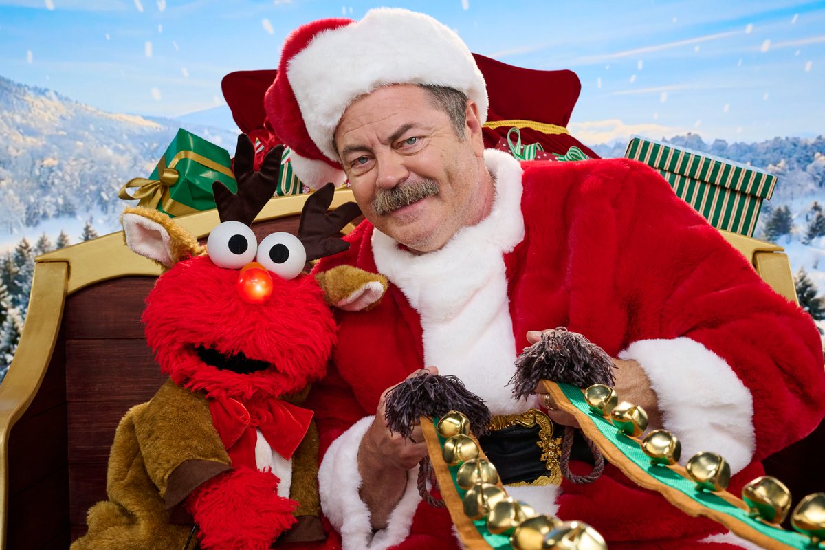 elmo's tweet image. Elmo’s little nose is glowing just for Santa Nick! Elmo loves you, @Nick_Offerman!💫🦌❤️