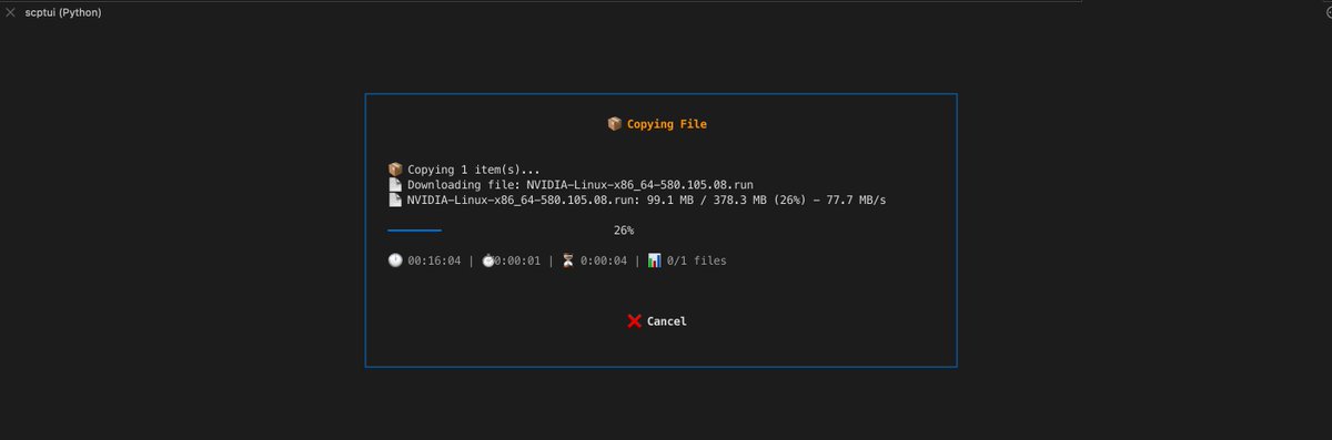 使用 scp 拷贝模型文件/训练数据到远程主机或者从远程拉文件到本地经常要输入准确的远程路径很麻烦, 于是自己 Vibe Coding 了一个 scptui, 就可以通过浏览远程文件目录进行上传或者下载了:
> scptui root@abc.com:~ ./

项目地址: github.com/wsvn53/scptui
安装方法: pip install scptui