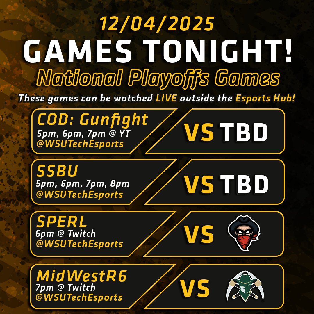 WSUTechEsports's tweet photo. Games tonight!! ๐
We have Call of Duty Gunfight, Super Smash Bros Ultimate starting at 5pm! ๐ฅ
While we have SPERL (Rocket League) at 6pm then MidWestR6 at 7pm! ๐ฅ
#njcaae #wsutech #wsutechesports #midwestr6 #SPERL #CallofDuty #SSBU https://t.co/pnt7yFC6rJ