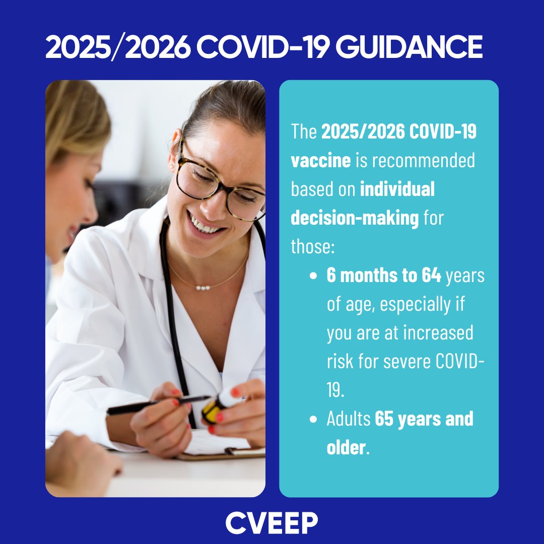 DYK? 2025-2026 COVID-19 vaccines are also recommended by CDC based on individual decision-making for those 6 months to 64 years of age, especially if you are at increased risk for severe COVID-19, and for adults 65+. Learn more this season: cveep.org/vaccines-prote…