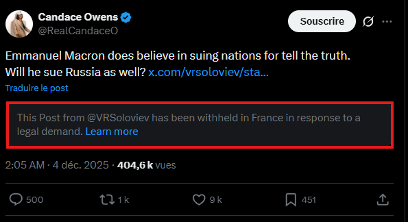 jdSansonetti's tweet photo. @RealCandaceO Here's what you get when you click the link from France with no VPN :) 

France, country of lights, democracy and Human Rights 
@RealCandaceO https://t.co/XYH2pggf05