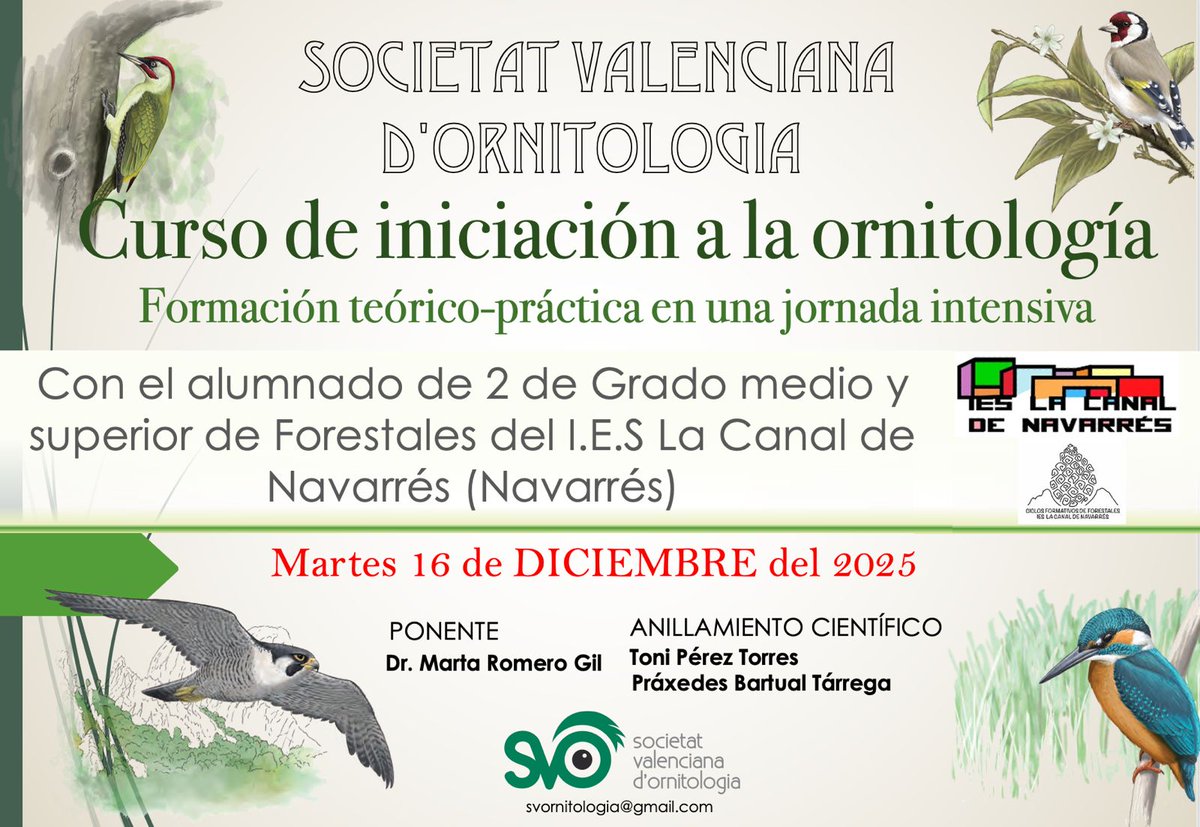 El próximo martes 16 de diciembre haremos un curso de iniciación a la ornitología en el I. E. S. La Canal de Navarrés 🐦

Todos los alumnos de 2° curso del Grado Medio y Superior de Forestales podrán aprender sobre aves en una jornada teórica-práctica 🦆😁