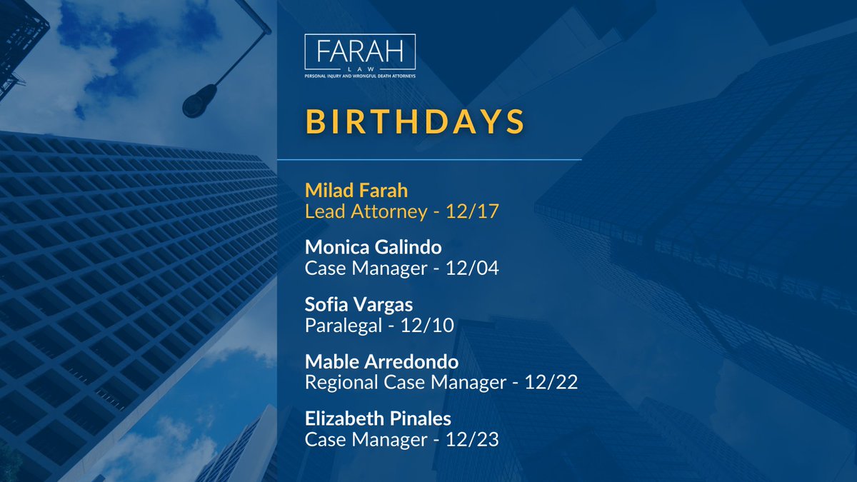 FarahLawTX's tweet image. There’s a lot to celebrate at Farah Law this December!

A big congratulations to all of our team members with a birthday or #WorkAnniversary this month. Thank you for your hard work, your commitment to our clients, and everything you bring to our team. 🧡  | #FarahLaw