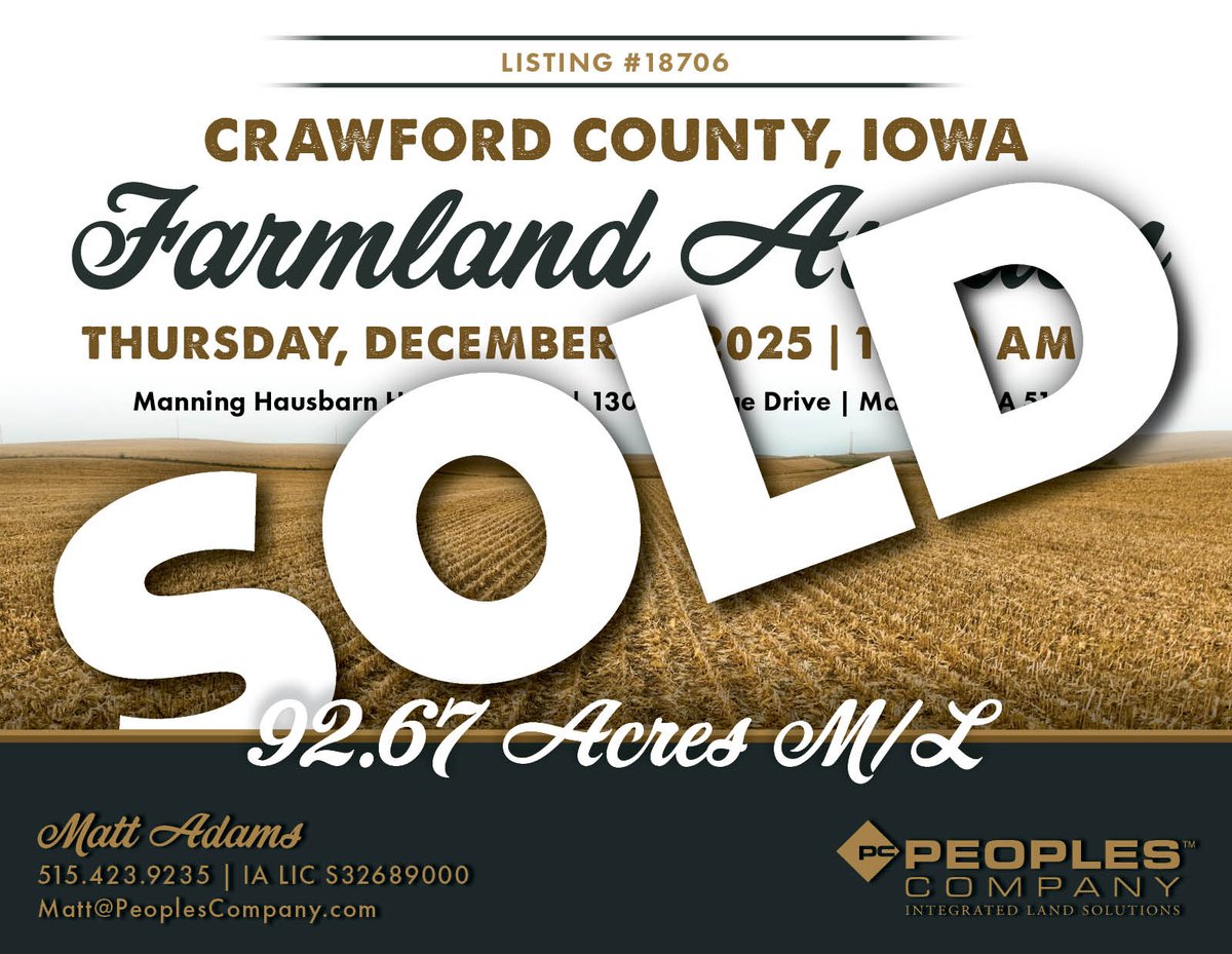 CRAWFORD COUNTY, IOWA AUCTION RESULTS

92.67 acres m/l sold for an average of $15,000/acre, bringing a grand total price of $1,390,050. This farm includes 86.42 FSA cropland acres and a CSR2 soil rating of 71.2.

Sold by #PeoplesCompany licensee <a href="/Peoples_Matt/">Matt Adams</a>.

Listing 18706 |