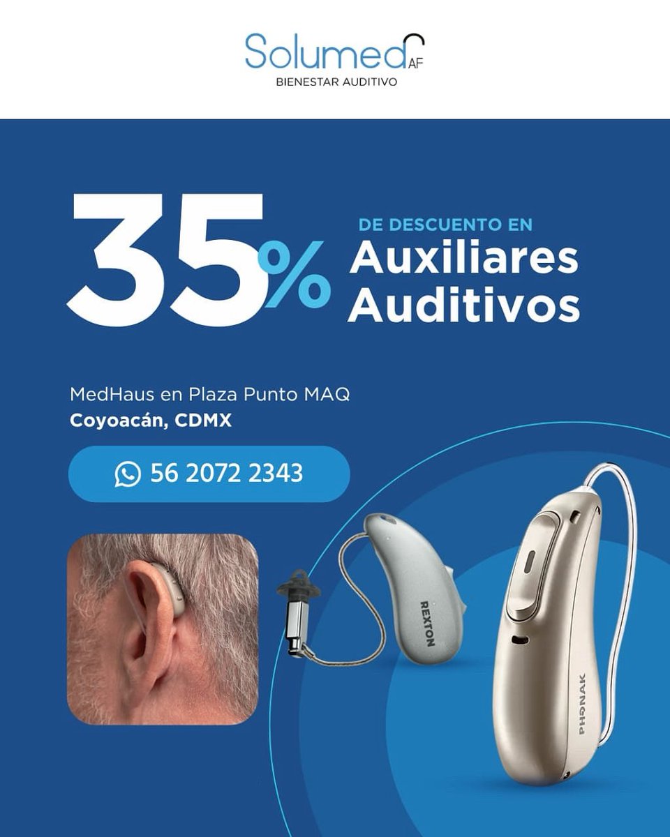 !Aprovecha un 35% de descuento en todas nuestras marcas!

Recupera tu audición con el respaldo de Solumed AF y disfruta de cada sonido que te rodea.

Marcas líderes como WIDEX, PHONAK, Starkey y REXTON te esperan.

“Información dirigida a profesionales de la salud”