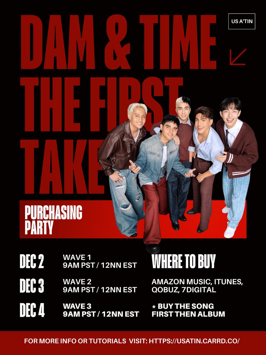 US_ATIN's tweet photo. 🚨Important: Today, Dec 4th, 11:59PM EST, is the last tracking day (tracking week: Nov. 28 12AM to Dec 4 11:59PM EST) for Billboard Charts!🚨

Hello A'TIN, Happy Thursday! 

Hi A'TIN and SB19 fans and supporters in the US! The FINAL wave (Wave 3) of our purchasing party for DAM and TIME from THE FIRST TAKE across all platforms kicks off in less than an hour.

🔹If your budget is limited, please prioritize purchasing TIME and DAM tracks from TFT.
🔹Make sure to download all your purchases today in order to be counted towards Billboard charts.
🔹Make sure to rate the tracks and leave a review.
🔹DO NOT use VPN. 
🔹DO NOT gift songs/albums on iTunes, as it will not count for the Billboard charts!

Let's give it our all for SB19! Let's go, A'TIN!!

Time Zones
12Noon EST
11AM CST
10AM MST
9AM PST
8AM AKST
7AM HST

@SB19Official #SB19