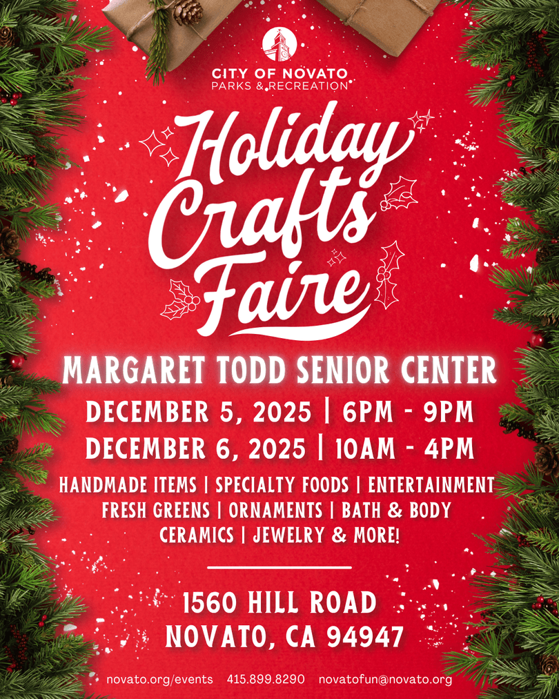 VisitNovato's tweet image. Kick off the holidays with handmade magic ✨The Novato Holiday Crafts Faire returns Dec 5–6 with artisan goods, festive décor, and perfect gifts for everyone on your list. visitnovato.com/event/city-of-… 🎄 #visitnovato